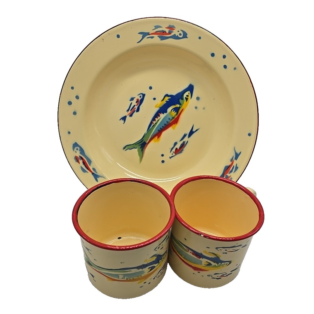 Vintage April Cornell Rainbow Fish Bowl Cups Yellow‎ Red Enamelware